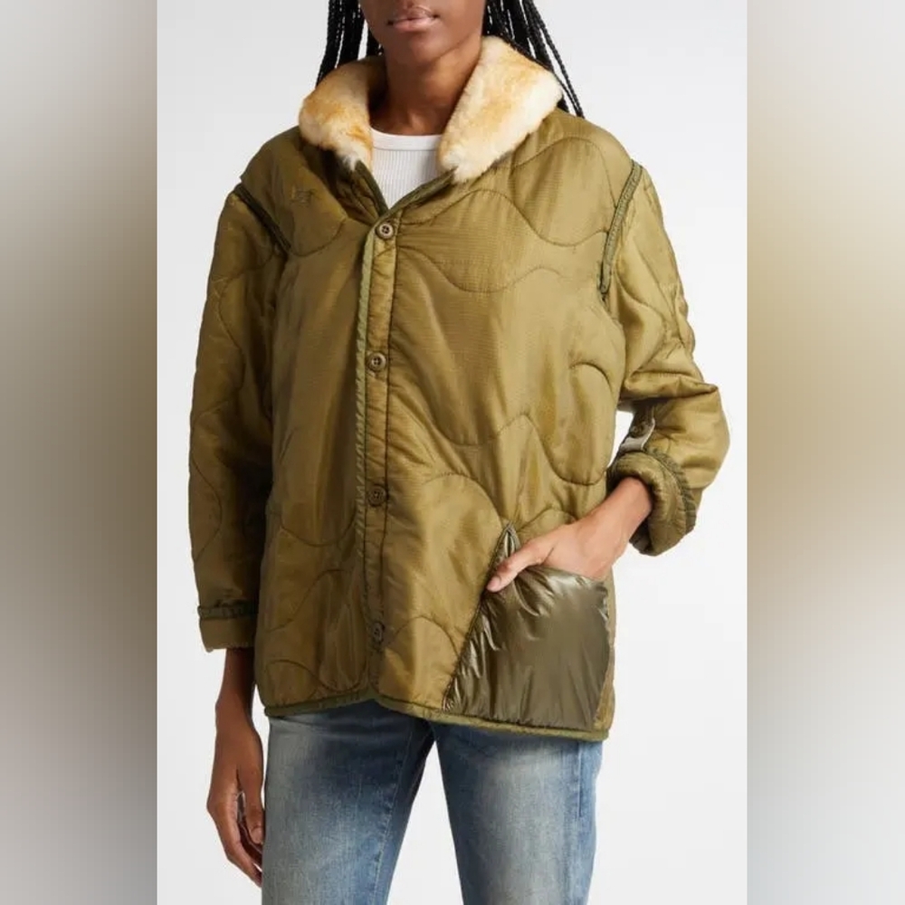 R13 Khaki Onion Quilted Liner Jacket with Faux Beige Fur Collar